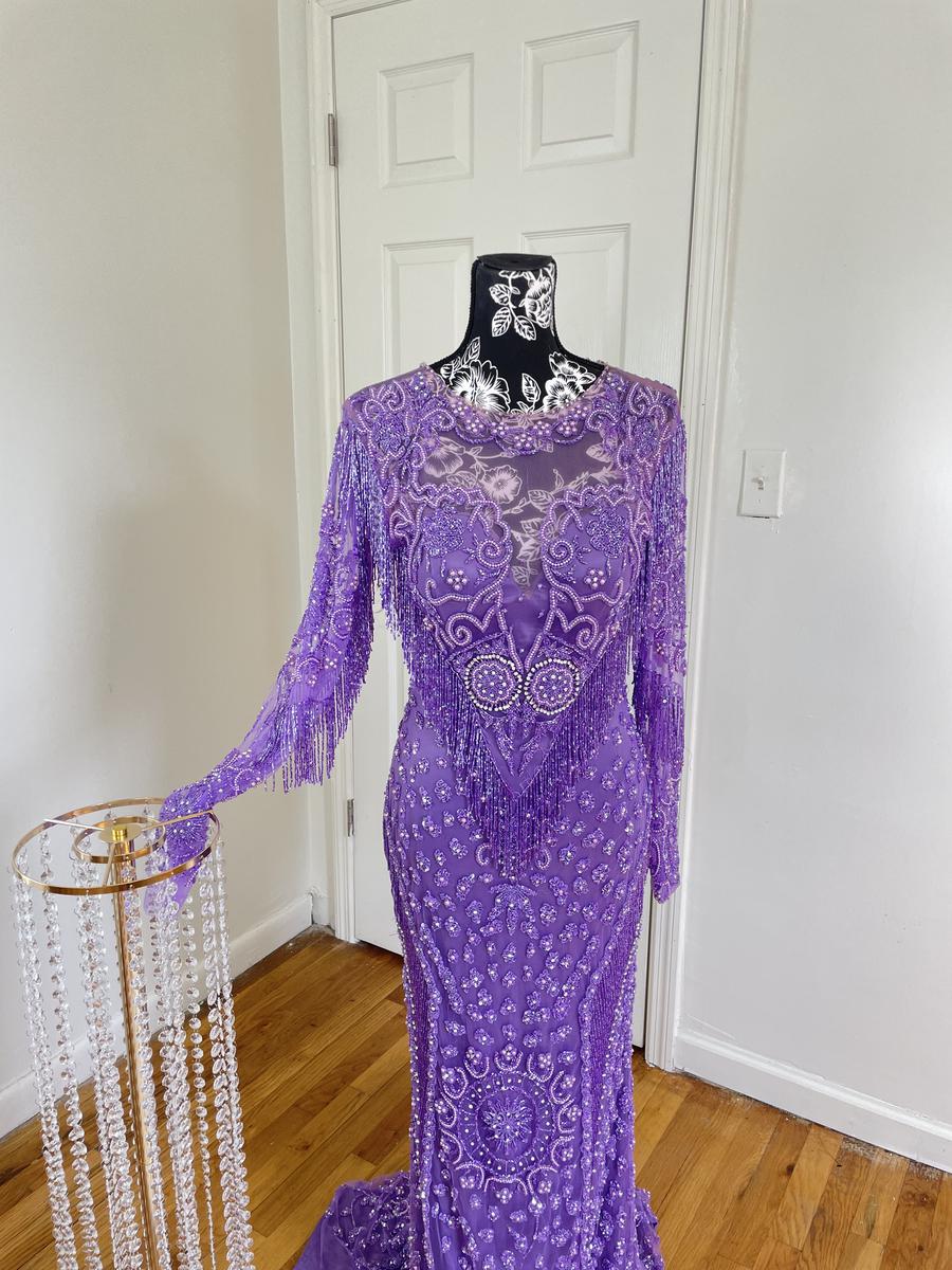 Size 4 Prom Long Sleeve Lace Purple Mermaid Dress on Queenly