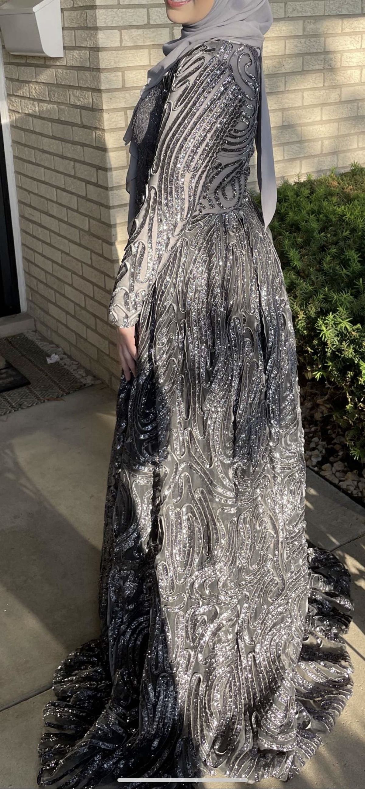 Size 10 Prom Long Sleeve Lace Silver Floor Length Maxi on Queenly