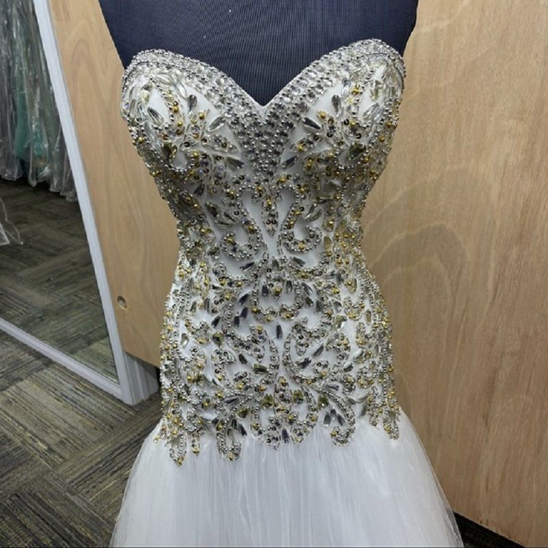 Style 65265H Mac Duggal Size 4 Prom Strapless Sequined White Mermaid Dress on Queenly