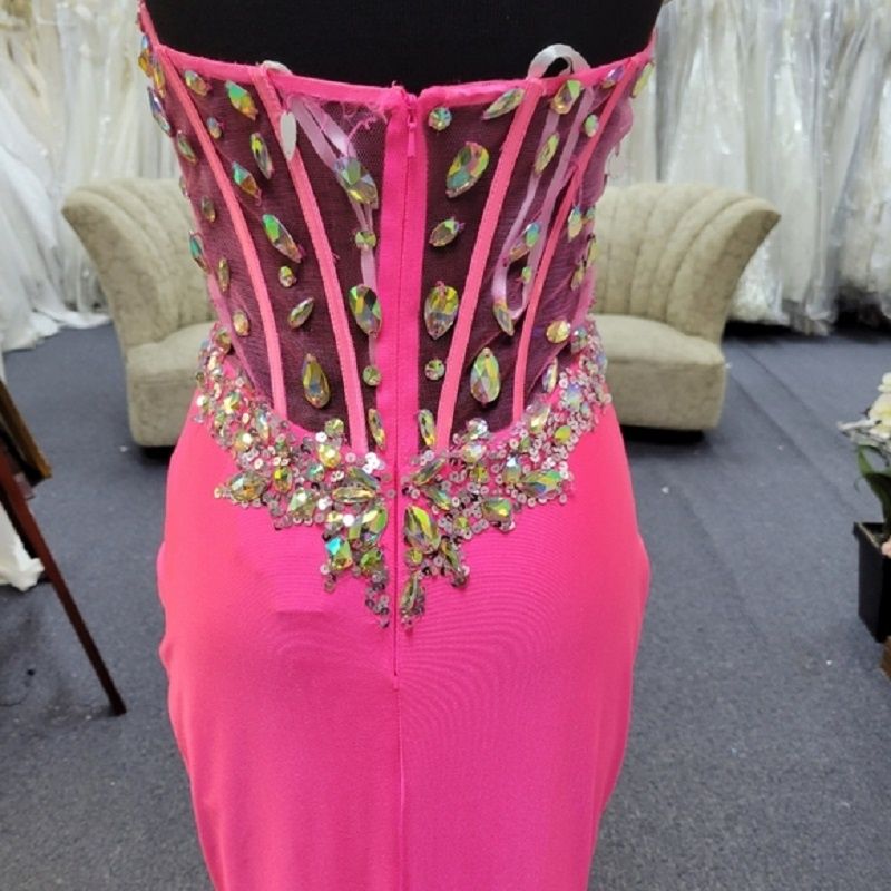 Style 85257 Mac Duggal Size 6 Prom Strapless Sequined Hot Pink Side Slit Dress on Queenly