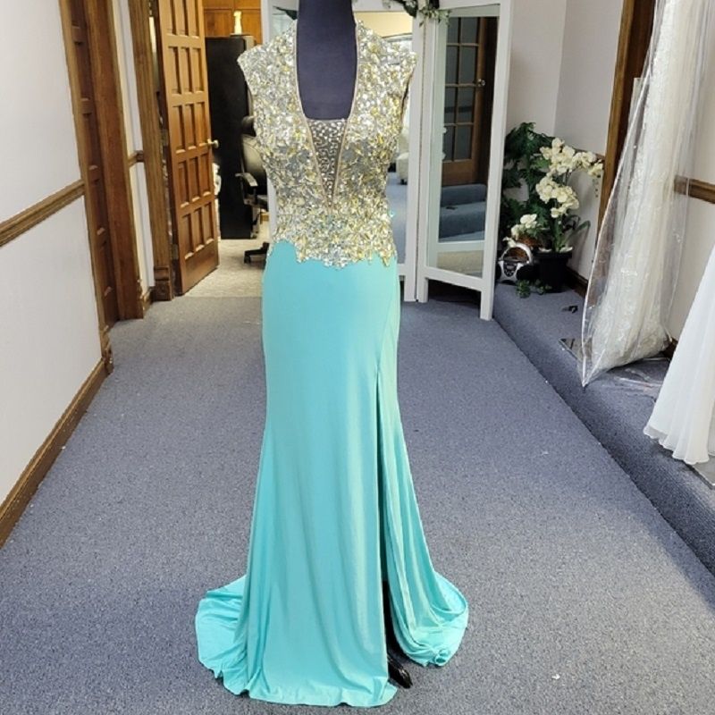Style 85254M Mac Duggal Size 4 Prom Turquoise Blue Side Slit Dress on Queenly