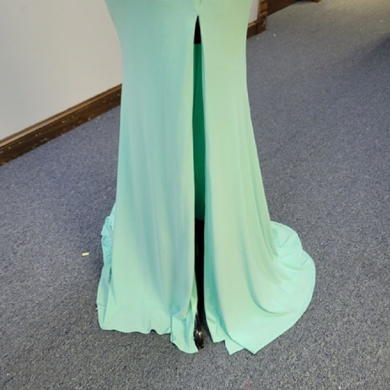 Style 40382 Mac Duggal Size 0 Prom Sheer Turquoise Blue Side Slit Dress on Queenly
