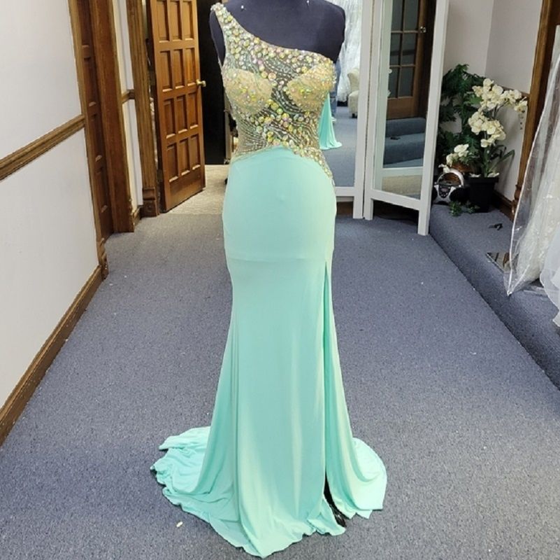 Style 40382 Mac Duggal Size 0 Prom One Shoulder Sequined Light Blue Side Slit Dress on Queenly