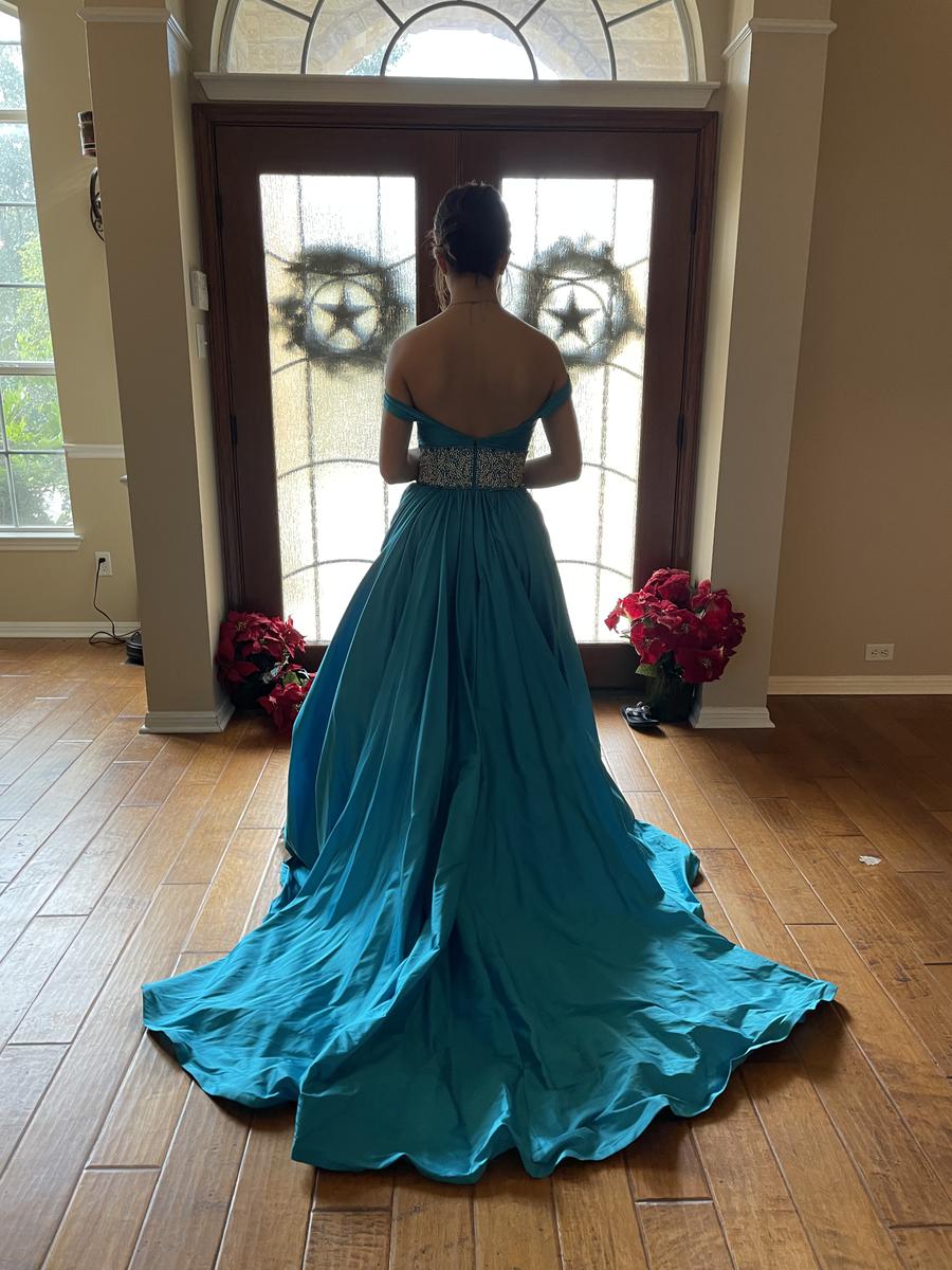 Sherri Hill Size 4 Prom Off The Shoulder Sequined Emerald Blue Dress With Train on Queenly