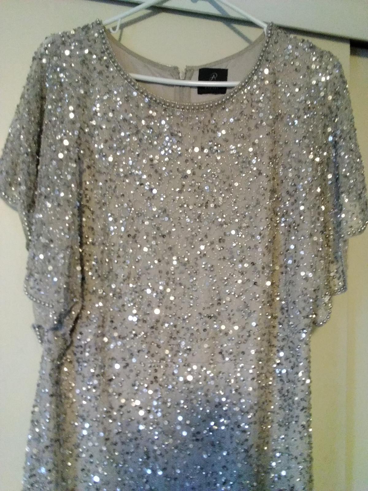 Adrianna Papell Silver Size 16 Boat Neck Cap Sleeve Sequin Fully-beaded Cocktail Dress on Queenly