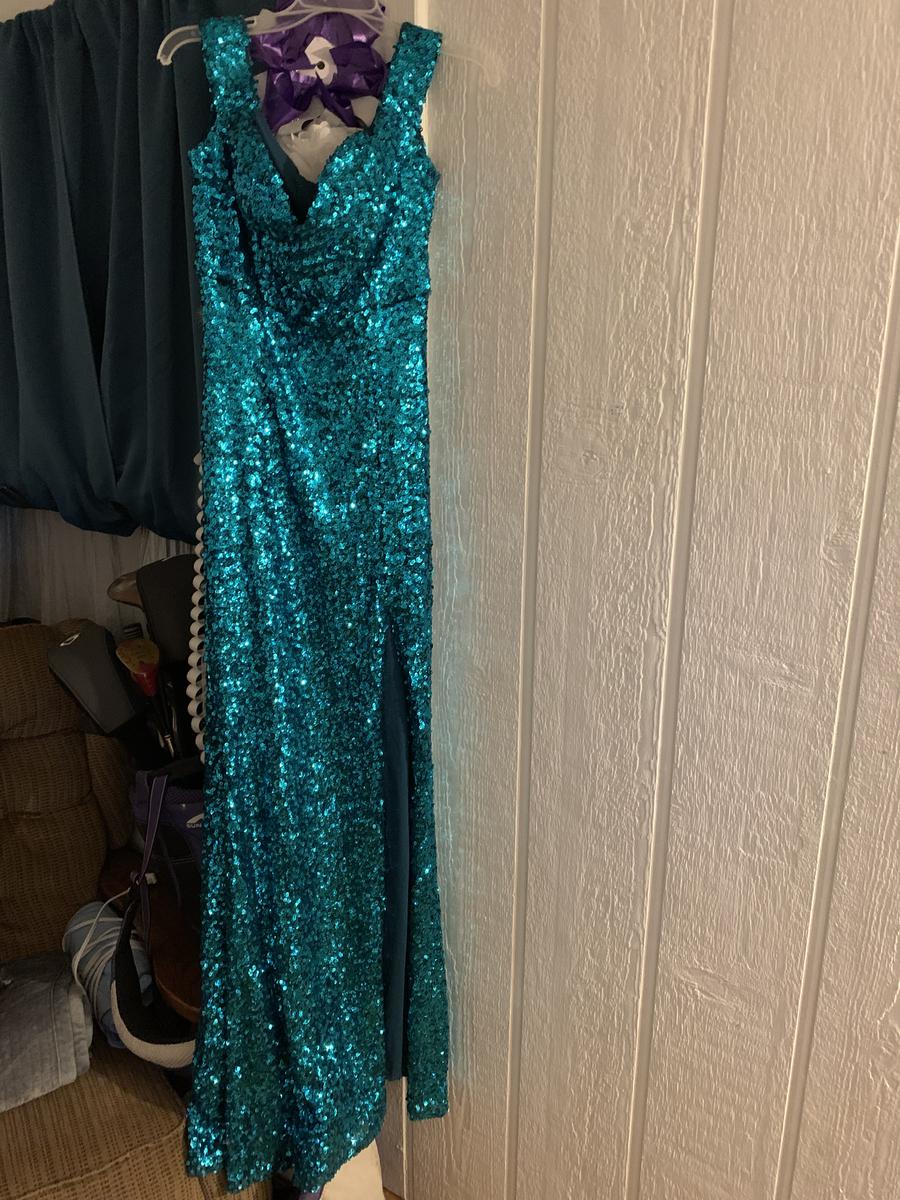 Size 14 Prom Off The Shoulder Turquoise Blue Side Slit Dress on Queenly