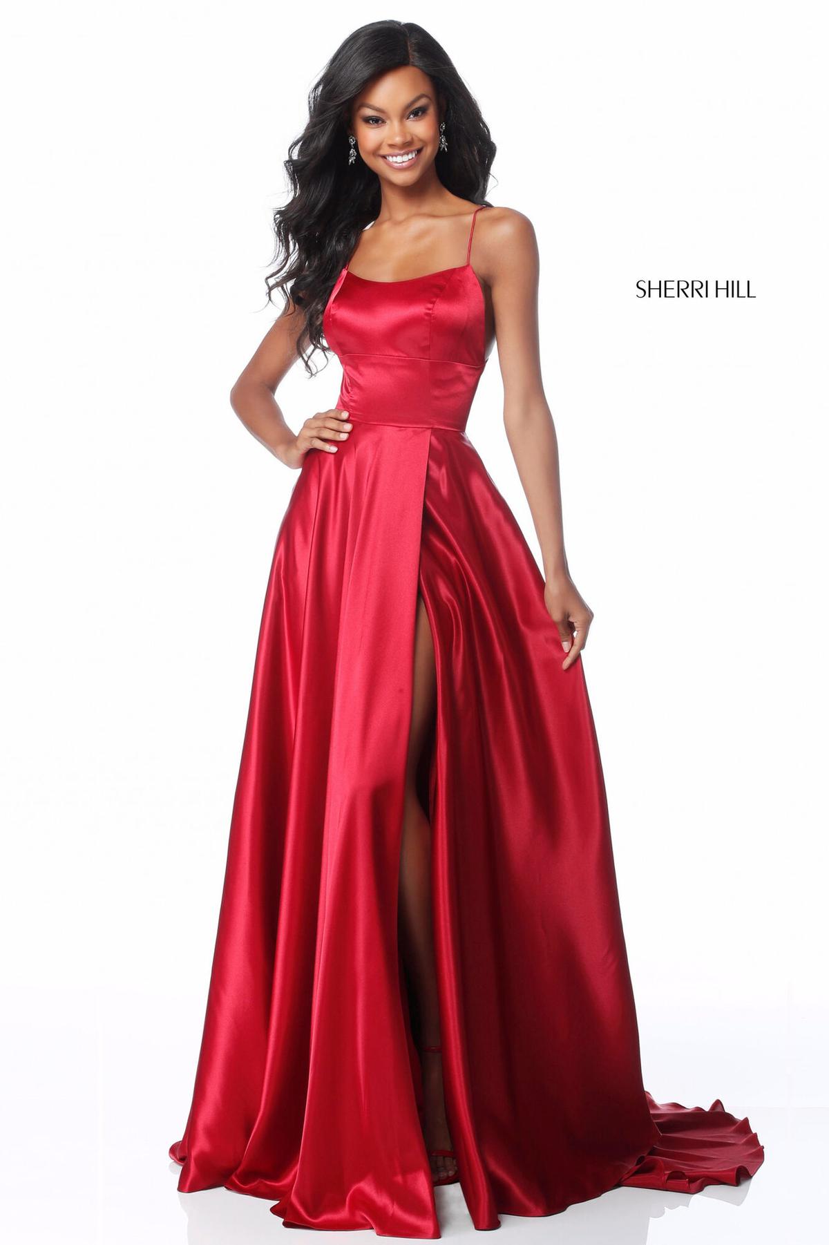 Style 51631 Sherri Hill Size 2 Satin Red Side Slit Dress on Queenly
