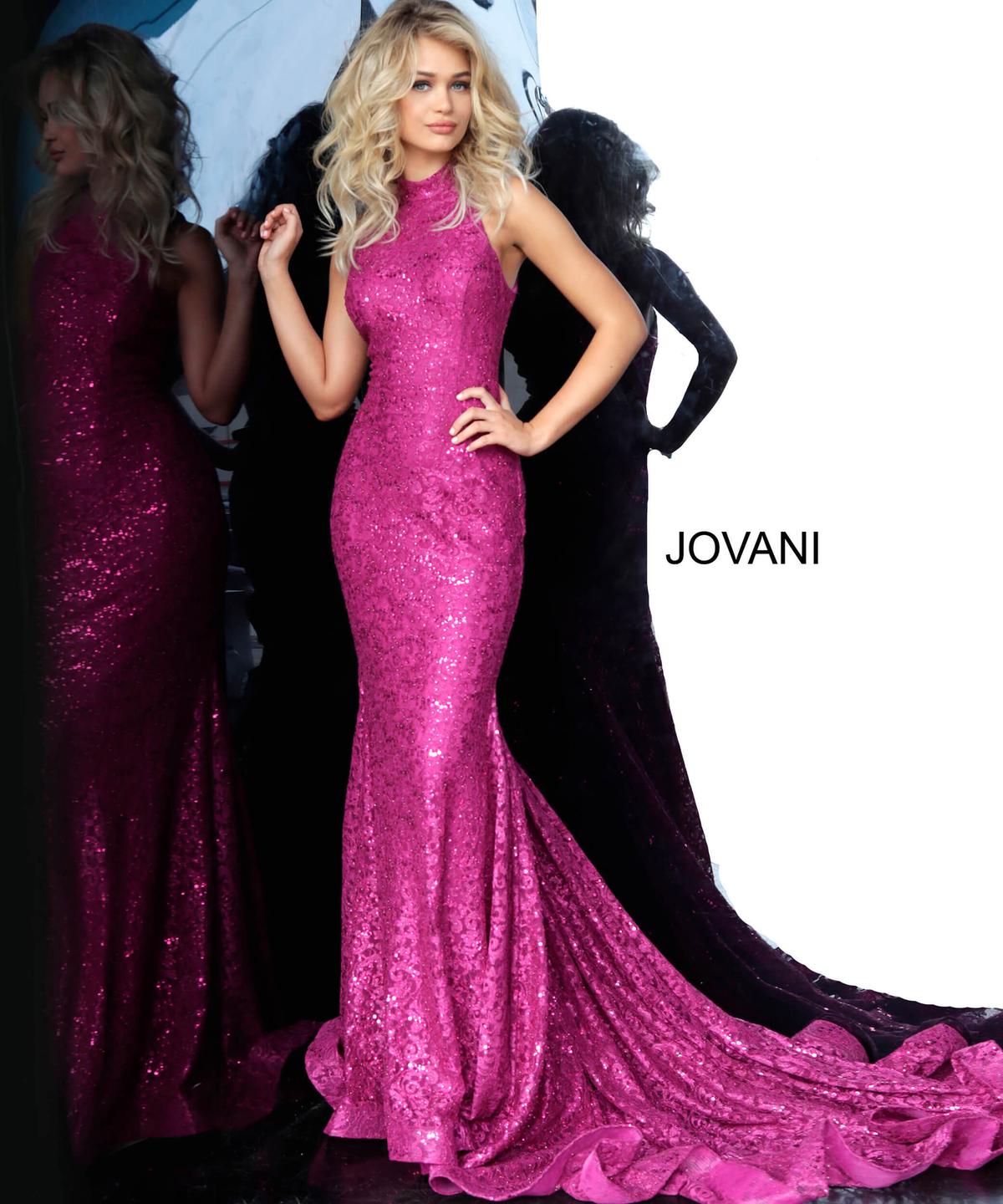 Style 3559 Jovani Size 10 Pageant High Neck Lace Hot Pink Mermaid Dress on Queenly