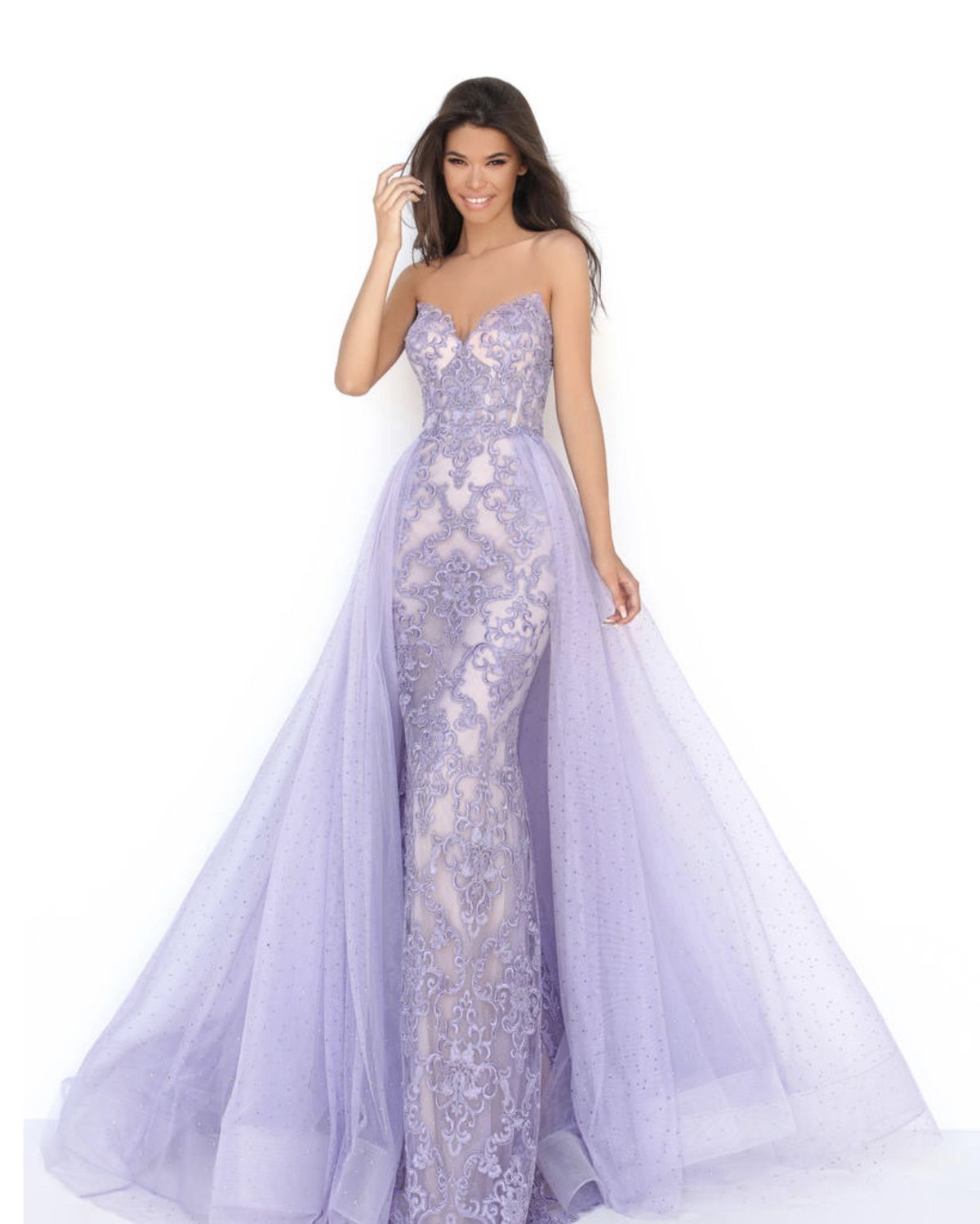 Tarik Ediz Size 4 Strapless Sheer Purple A-line Dress on Queenly