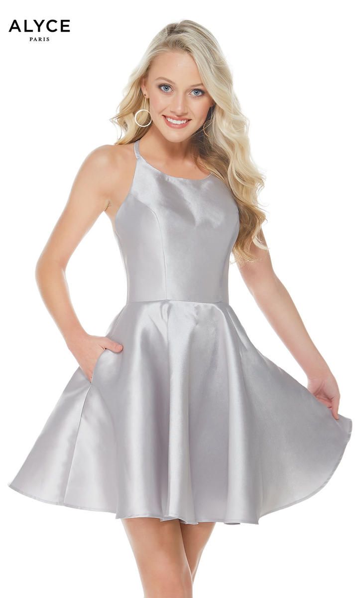Style 3703 Alyce Paris Size 10 Homecoming Satin Silver Cocktail Dress on Queenly