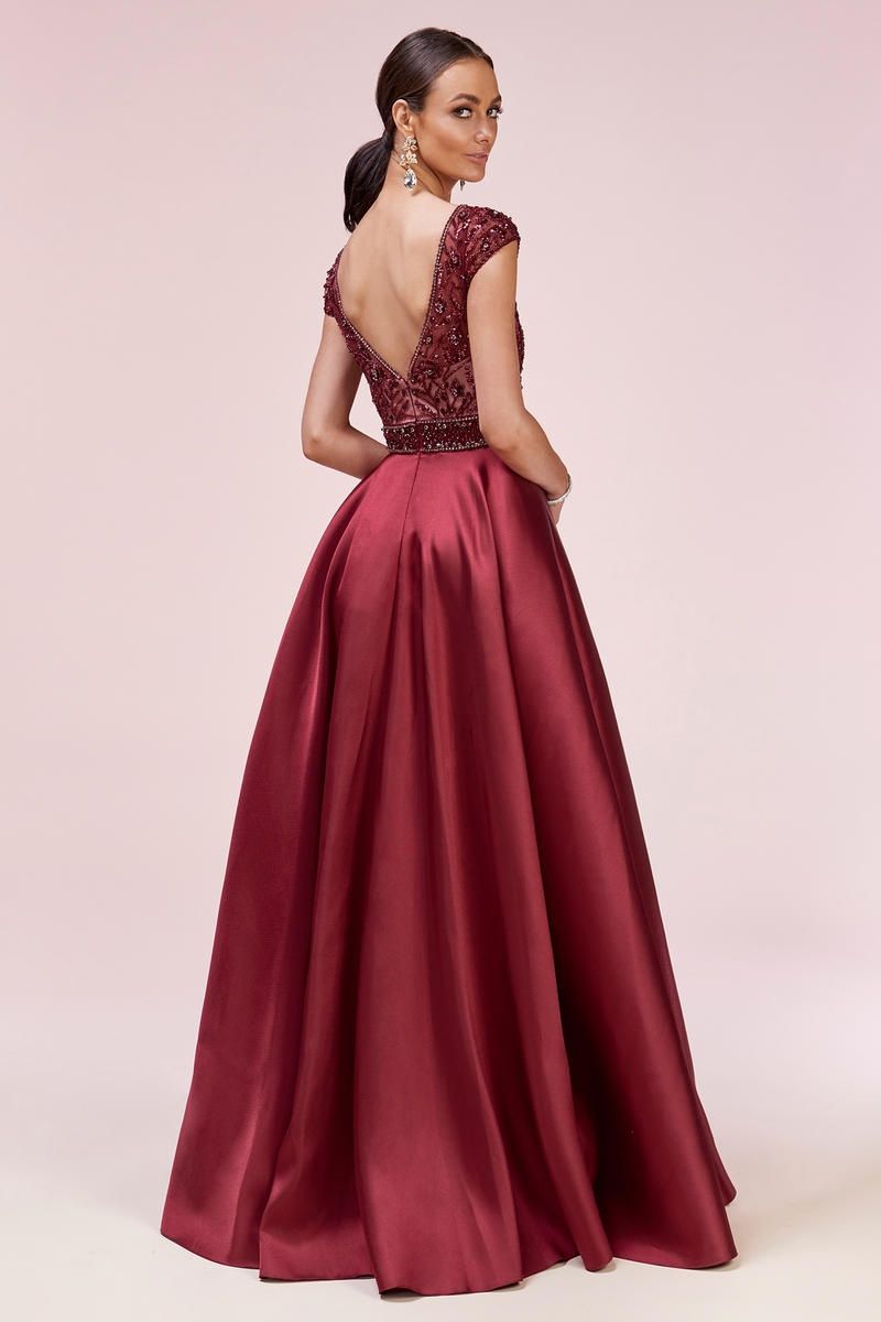 Style A0574 Andrea and Leo Size 6 Pageant Satin Burgundy Red Ball Gown on Queenly