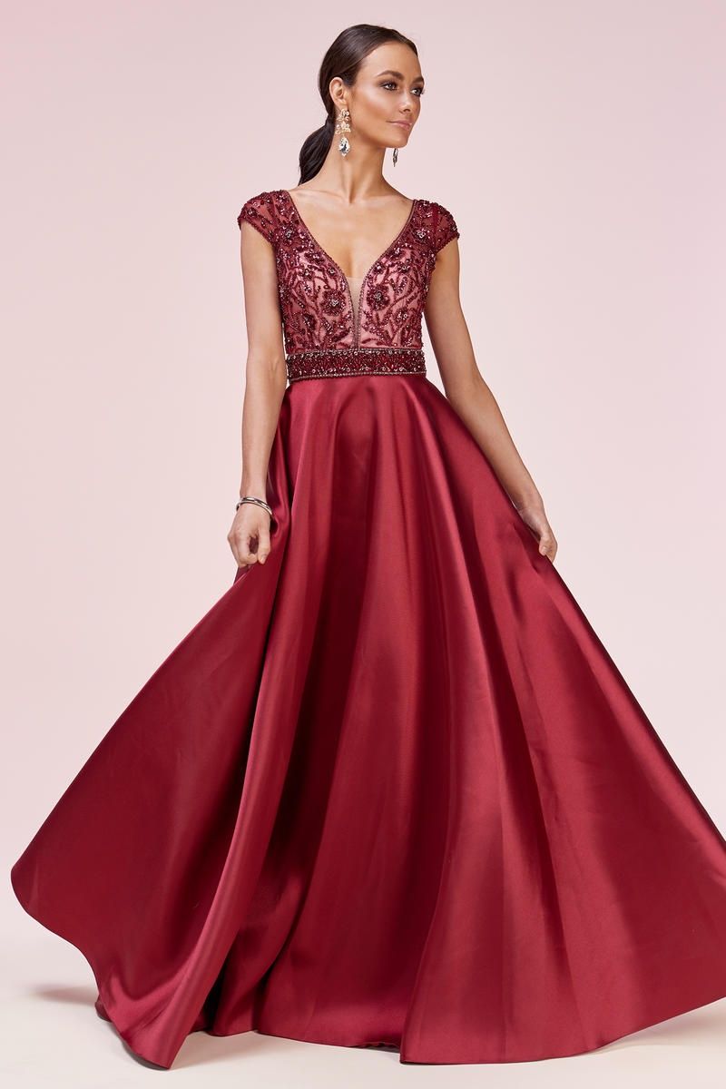 Style A0574 Andrea and Leo Size 6 Pageant Satin Burgundy Red Ball Gown on Queenly
