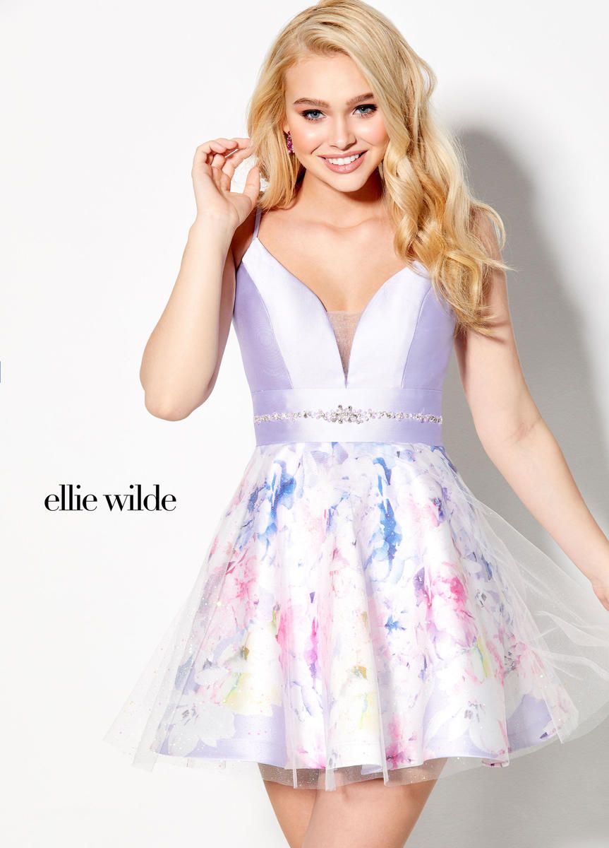 Style EW21911S Ellie Wilde Size 0 Plunge Satin Purple Cocktail Dress on Queenly