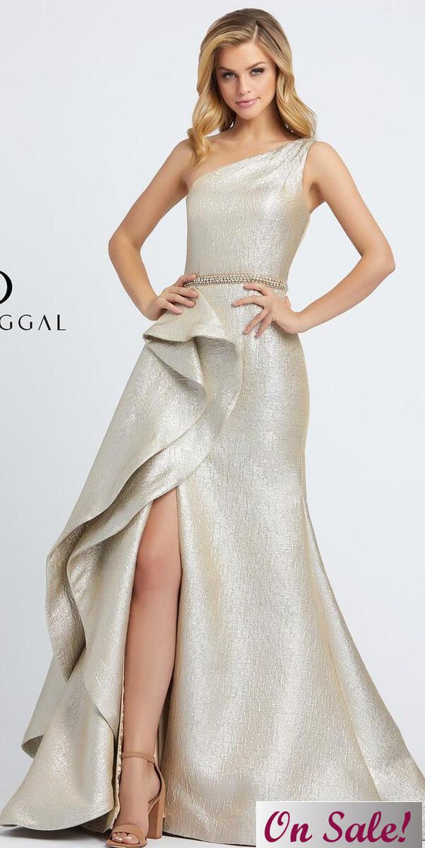Style 66975 Mac Duggal Size 14 Prom One Shoulder Sequined Gold Side Slit Dress on Queenly