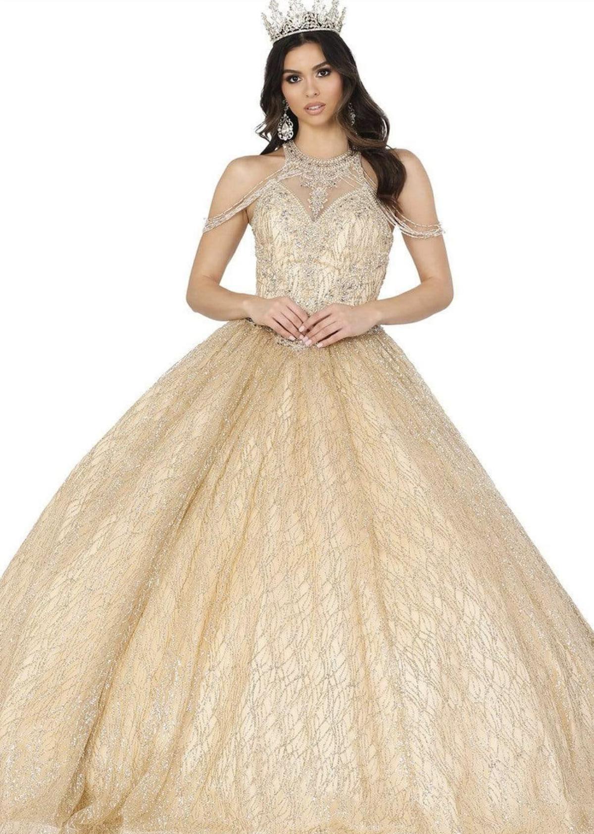 MoriLee Size 4 Prom High Neck Lace Gold Ball Gown on Queenly