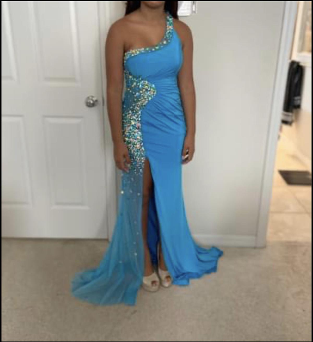Size 4 Prom One Shoulder Sequined Blue Mermaid Dress on Queenly