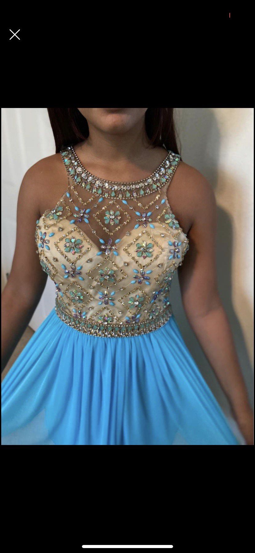 Girls Size 5 Homecoming High Neck Sequined Light Blue A-line Dress on Queenly