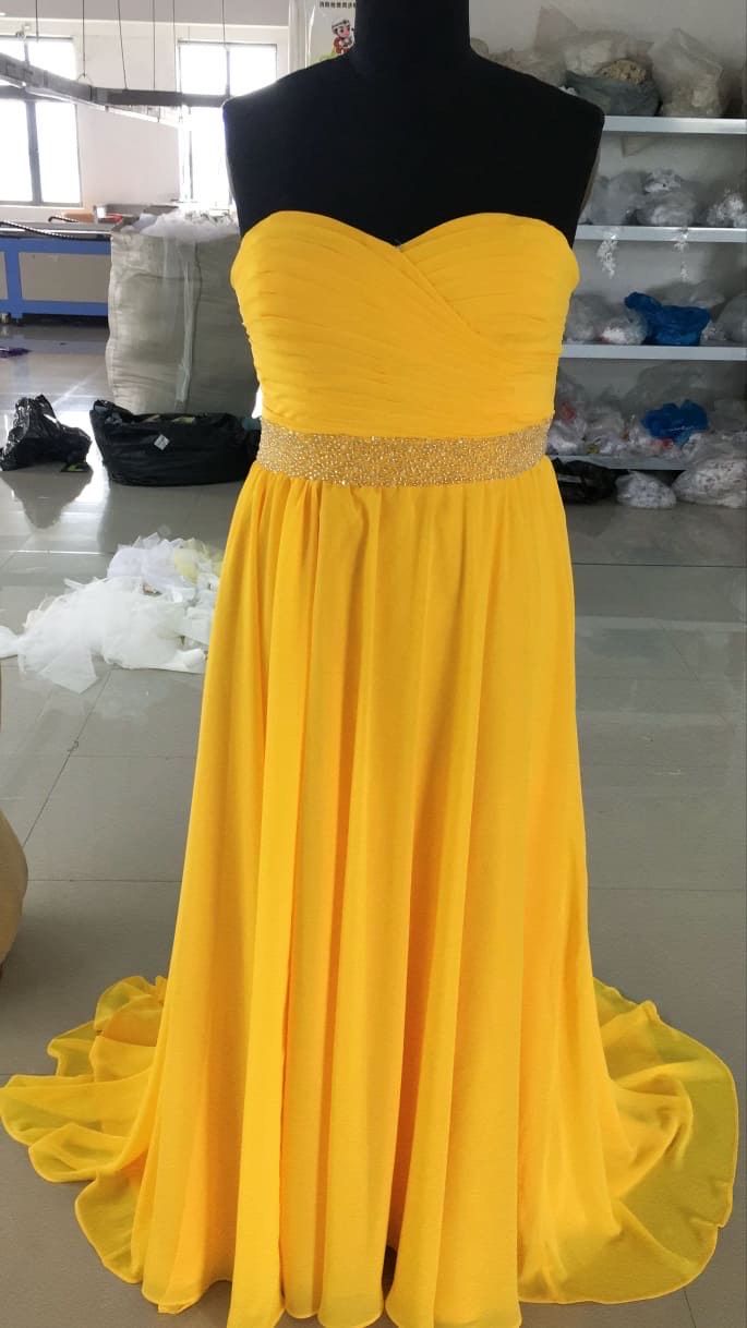 Size 14 Bridesmaid Strapless Sequined Yellow Dress With Train on Queenly