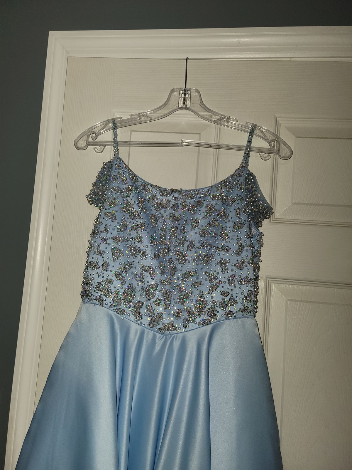 Tiffany Designs Girls Size 12 Pageant Off The Shoulder Sequined Light Blue Ball Gown on Queenly