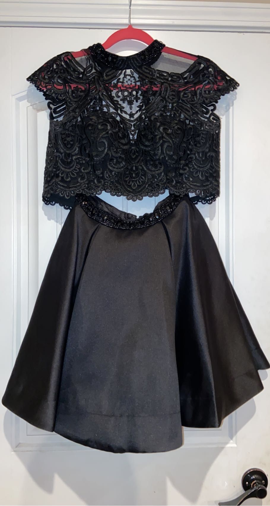 Size 4 High Neck Lace Black A-line Dress on Queenly