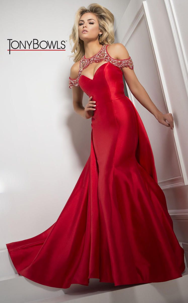 Style 117266 Tony Bowls Size 6 Prom Cap Sleeve Sequined Red Dress With Train on Queenly