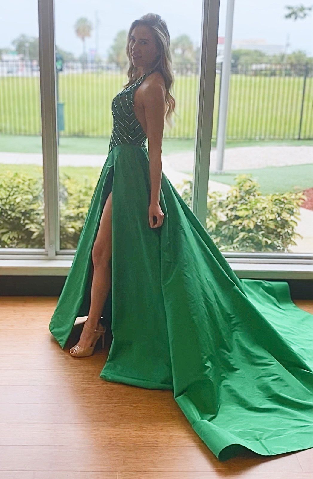 Jovani Couture Size 0 Halter Green Ball Gown on Queenly