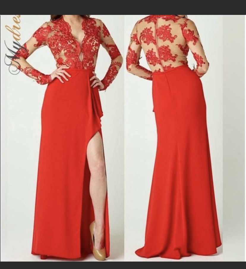 Nicole Bakti Size 2 Prom Long Sleeve Lace Red Side Slit Dress on Queenly