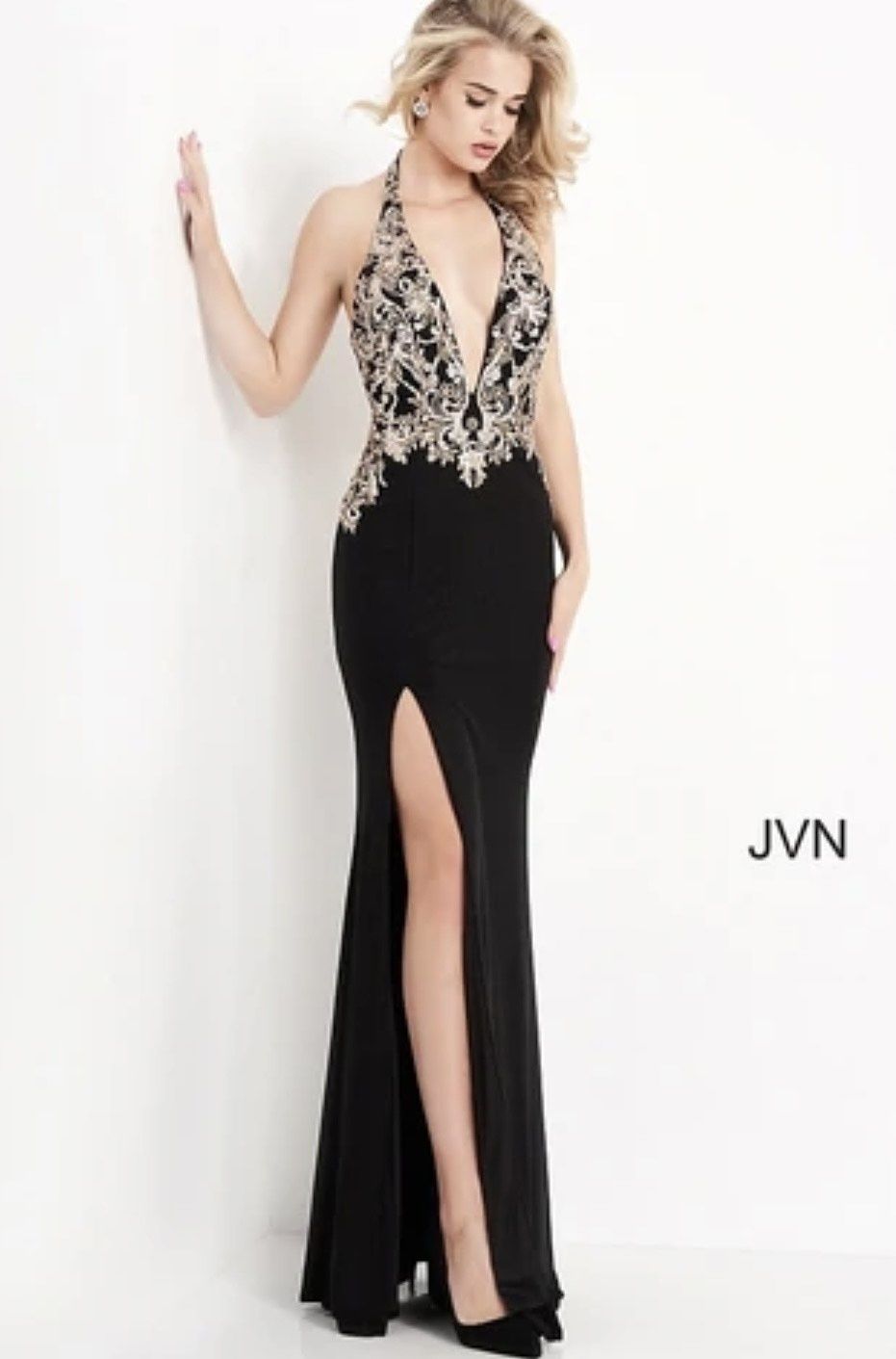 Jovani Size 0 Prom Halter Sheer Black Dress With Train on Queenly