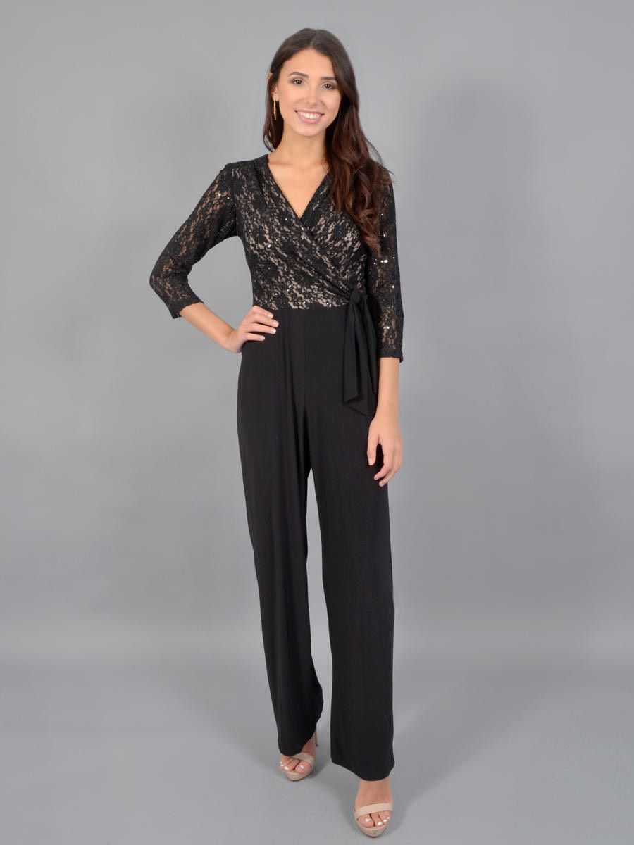 Marina Size 12 Long Sleeve Lace Black Formal Jumpsuit on Queenly