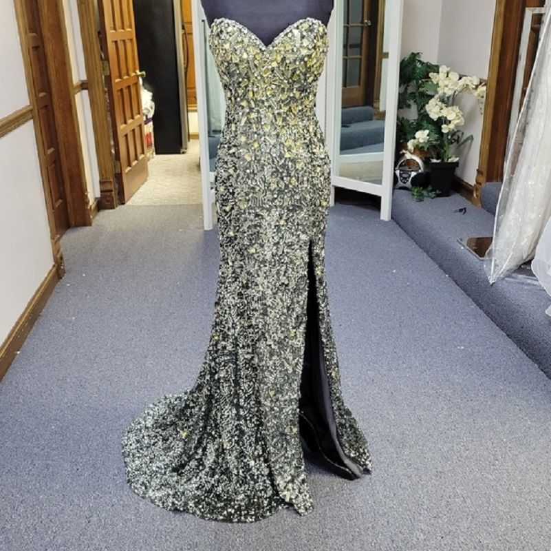 Style 14578 Panoply Size 6 Prom Strapless Sequined Multicolor Side Slit Dress on Queenly