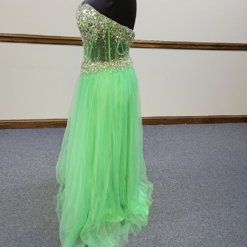 Style P70130 Precious Formals Size 0 Prom Strapless Sequined Light Green A-line Dress on Queenly