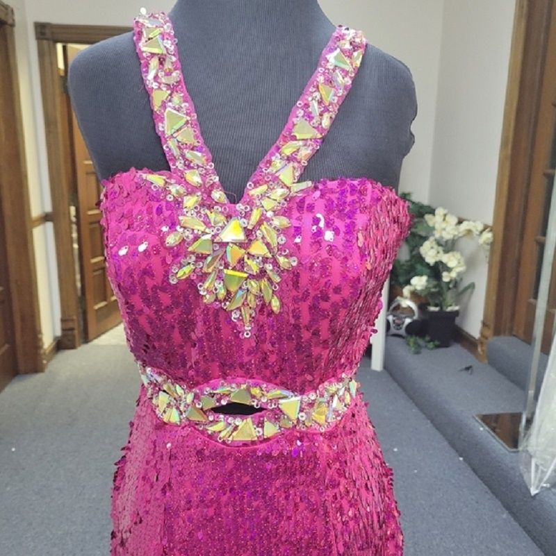 Style P46632 Precious Formals Size 4 Prom Halter Sequined Hot Pink A-line Dress on Queenly