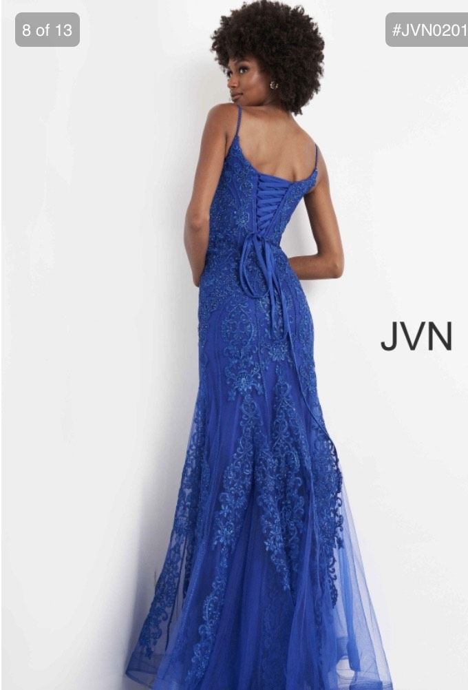 Jovani Size 0 Prom Lace Blue Mermaid Dress on Queenly