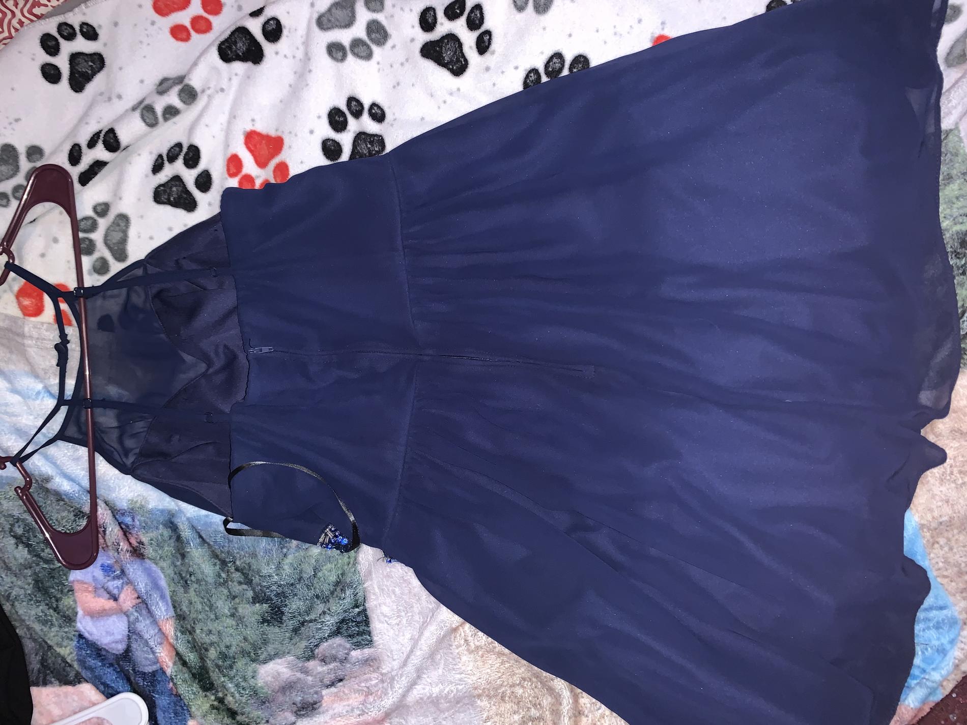 Size 14 High Neck Sheer Blue A-line Dress on Queenly