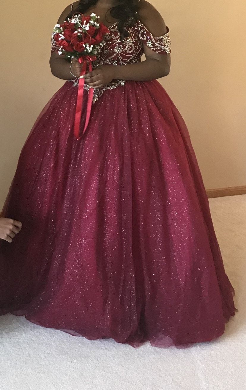 Size 14 Prom Sequined Burgundy Red Ball Gown on Queenly