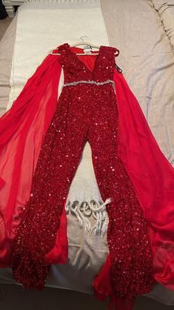 Size 8 Fun Fashion Plunge Red Formal Jumpsuit on Queenly