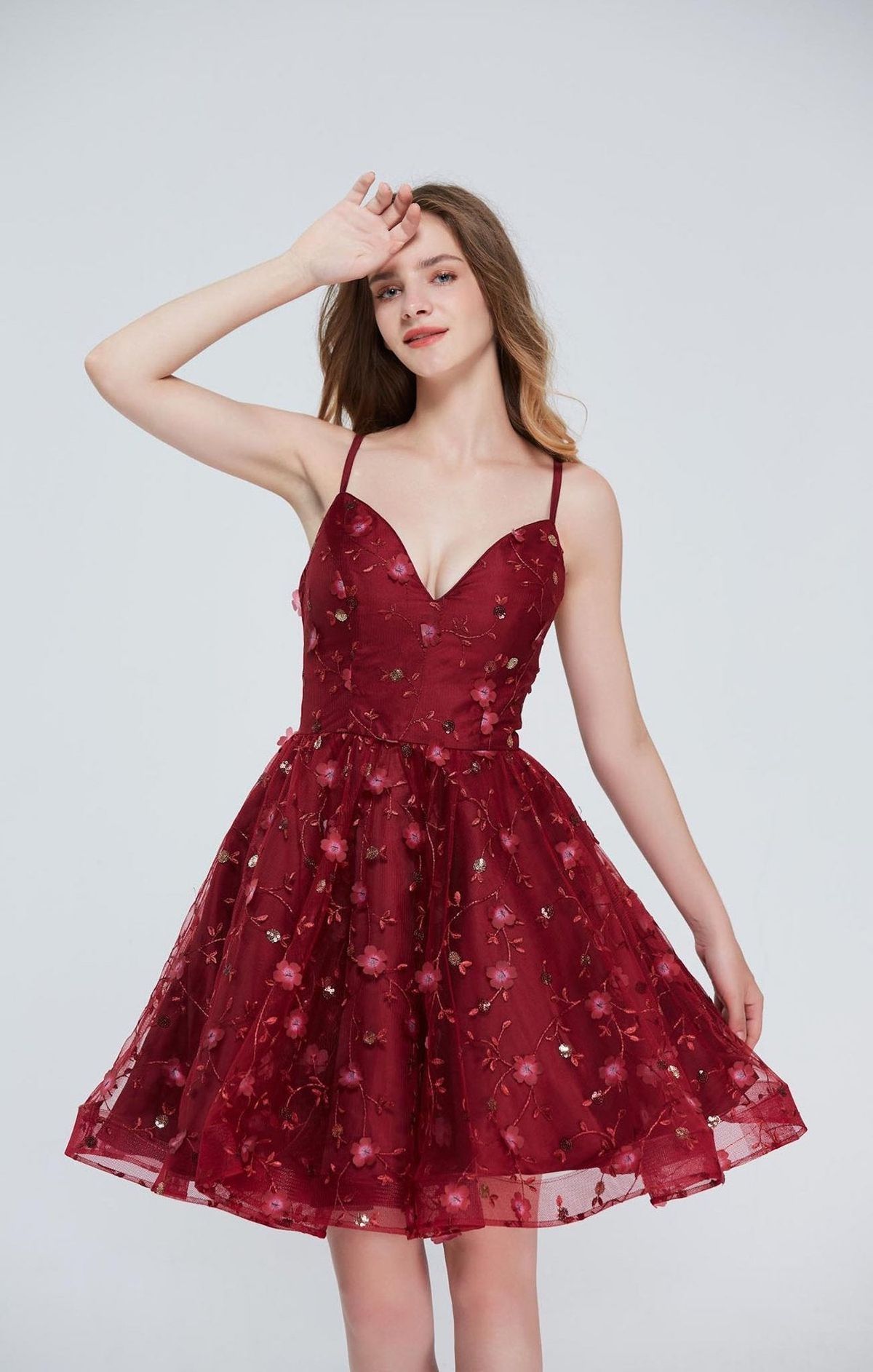 Style Colleen Jadore Plus Size 16 Homecoming Floral Burgundy Red Cocktail Dress on Queenly