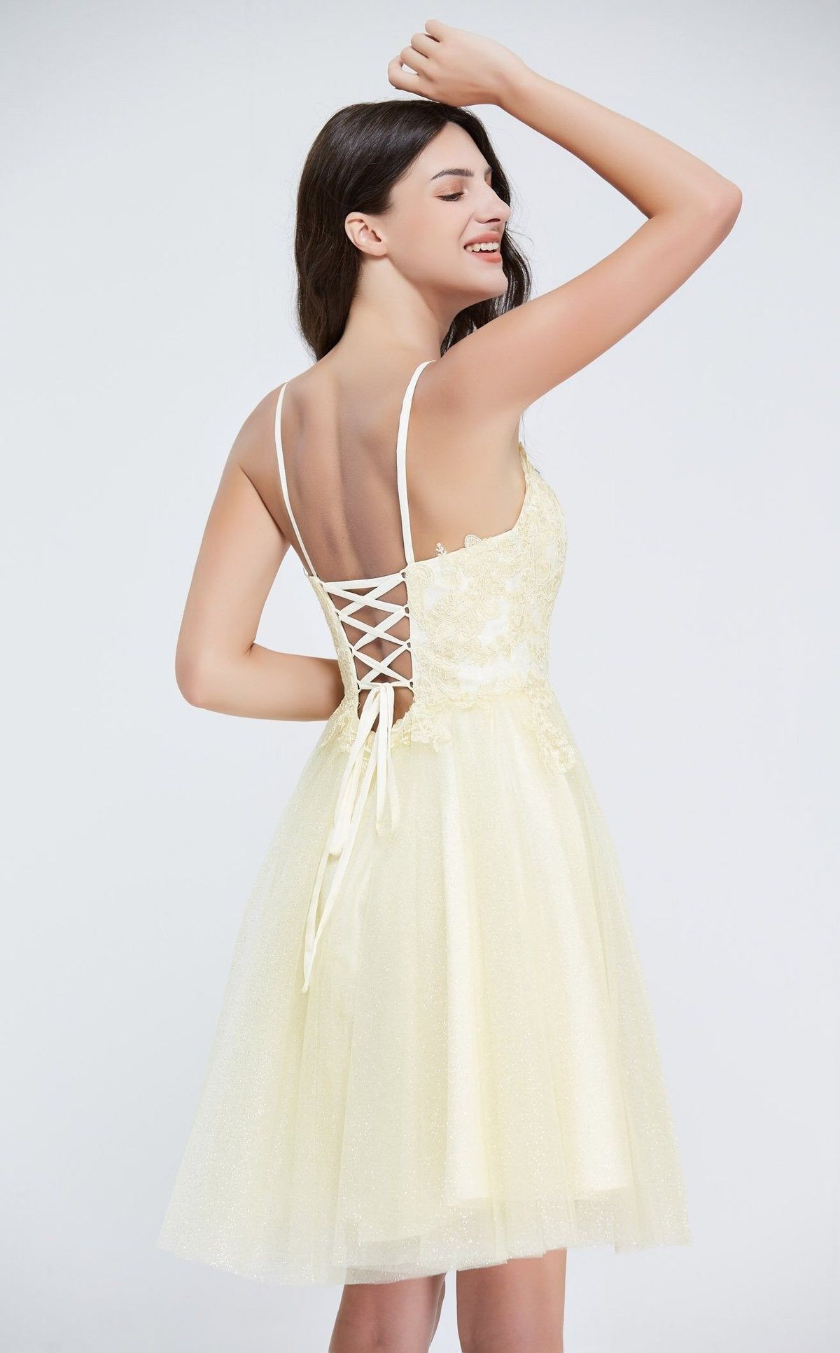 Style Malia Jadore Size 12 Homecoming Lace Yellow Cocktail Dress on Queenly