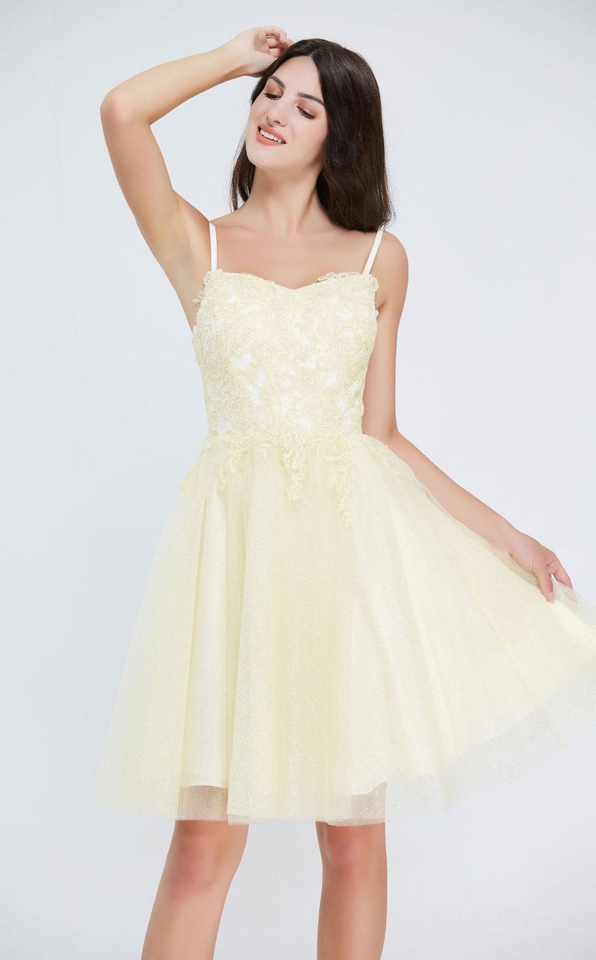 Style Malia Jadore Size 12 Homecoming Lace Yellow Cocktail Dress on Queenly