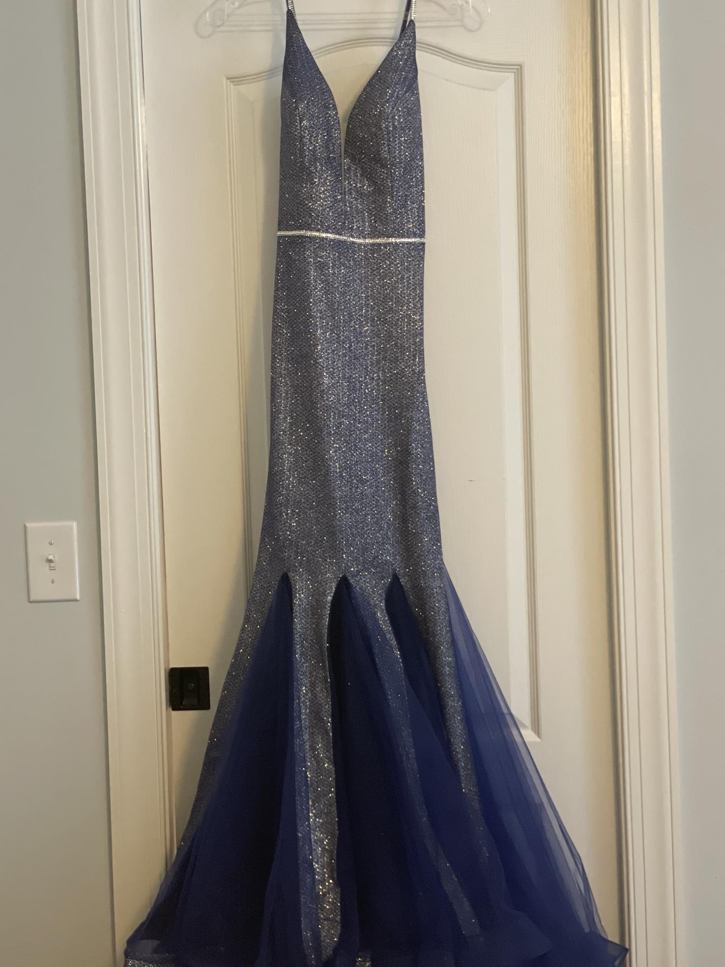 Size 0 Prom Plunge Sheer Royal Blue Mermaid Dress on Queenly