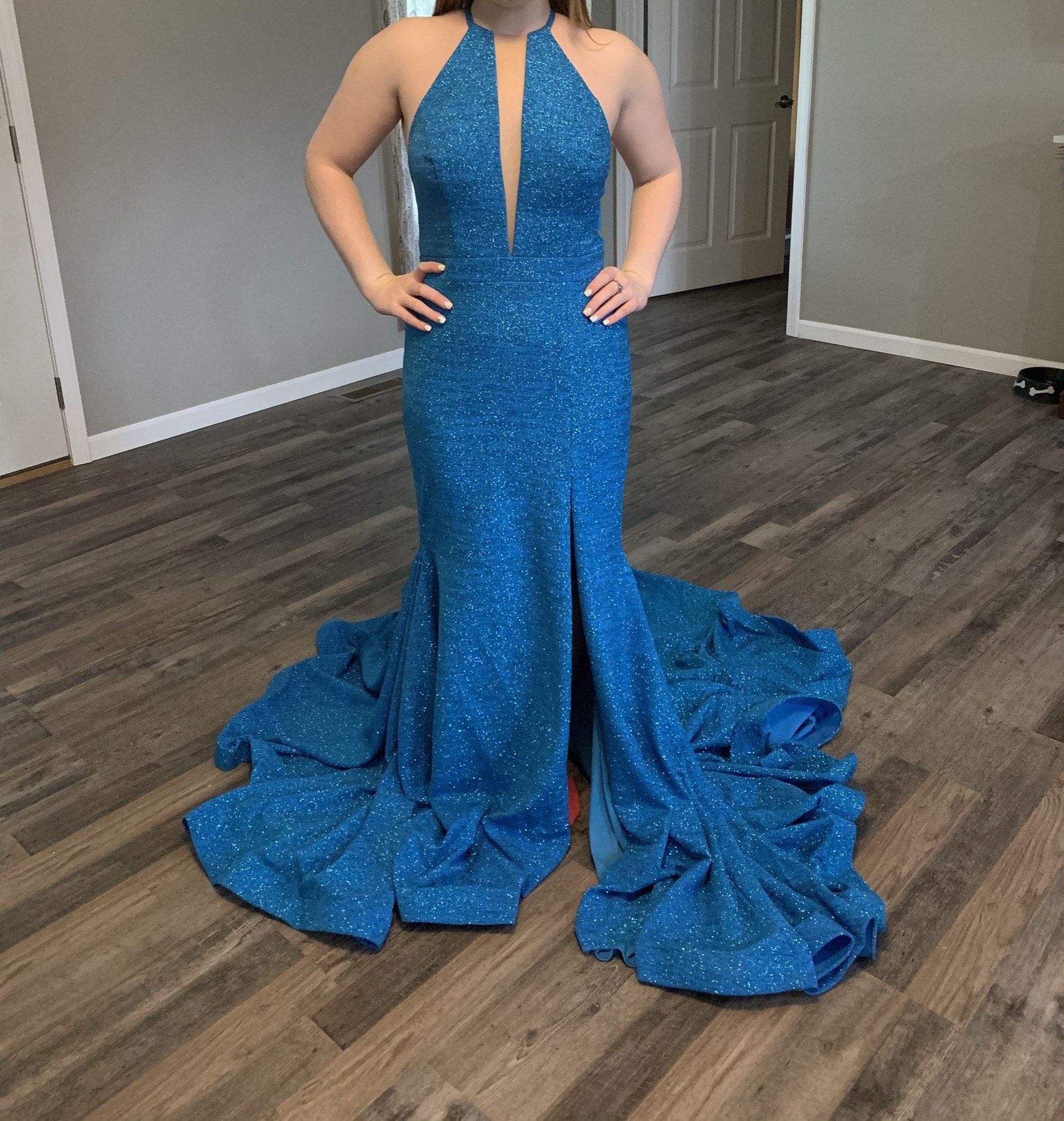 Jovani Size 8 Prom Plunge Blue Mermaid Dress on Queenly