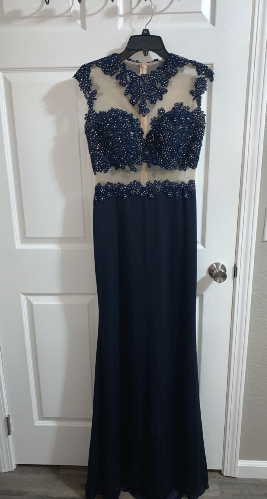 Jovani Size 6 Prom Lace Navy Blue Mermaid Dress on Queenly