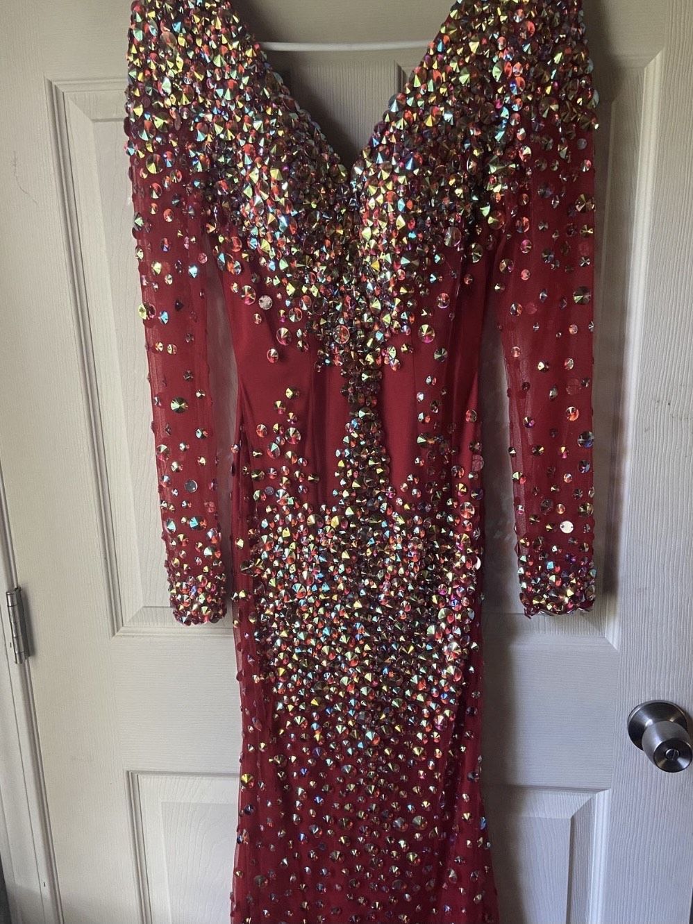 Size 4 Prom Long Sleeve Sheer Red Floor Length Maxi on Queenly