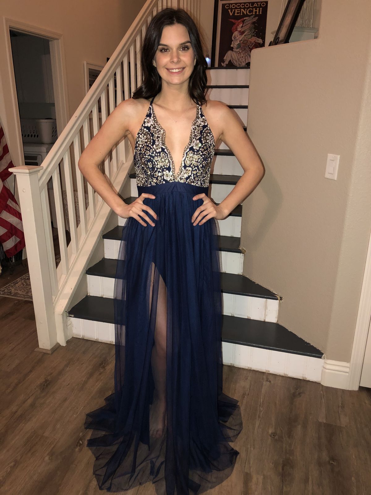 Luxxel Size 2 Prom Sheer Navy Blue A-line Dress on Queenly