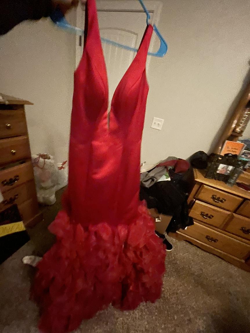 Size 8 Prom Sheer Red Mermaid Dress on Queenly