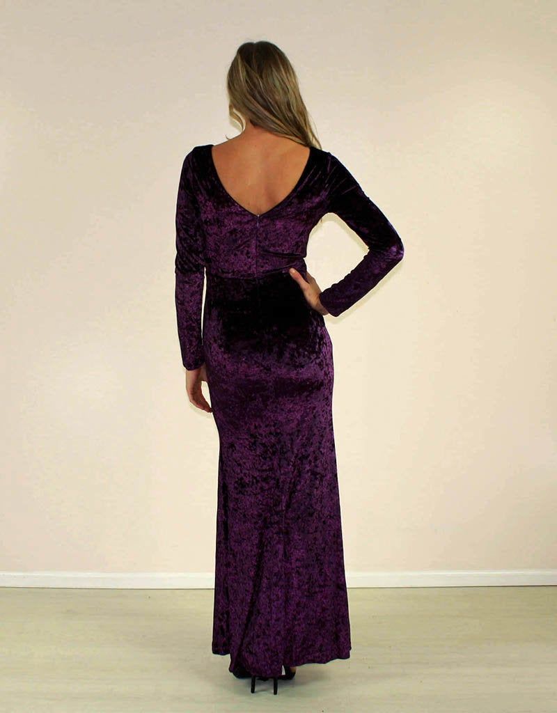 Style M25983 Maniju Size 8 Long Sleeve Velvet Purple Side Slit Dress on Queenly