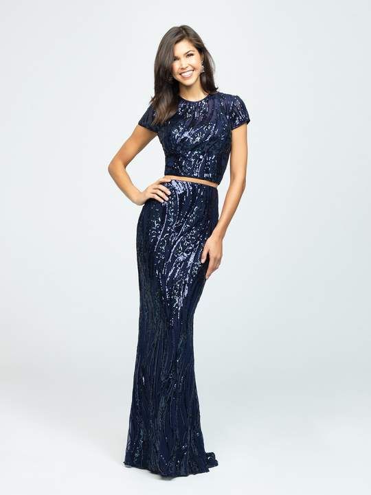 Style 19-254M Madison James Size 12 Prom Sequined Navy Blue Floor Length Maxi on Queenly