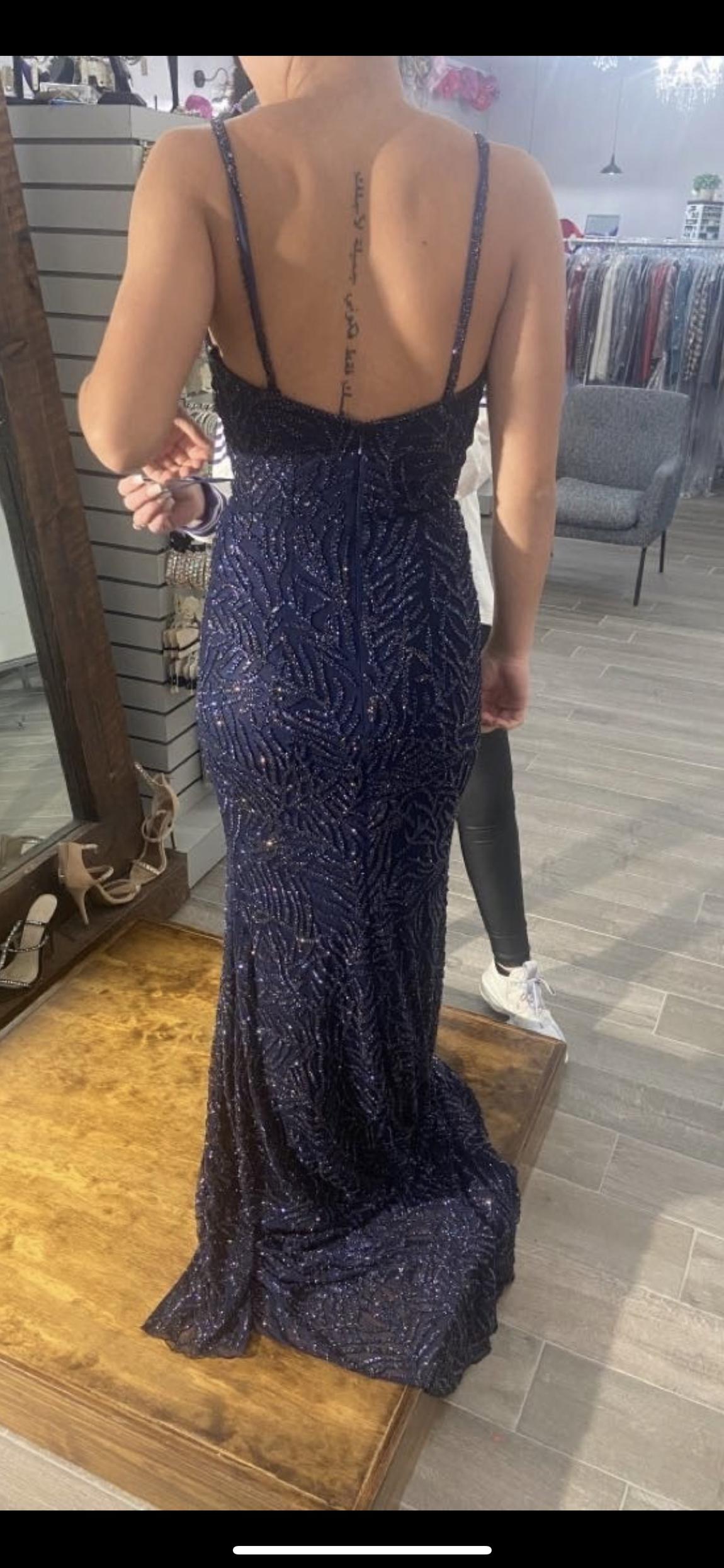 Sherri Hill Size 0 Prom Plunge Sequined Navy Blue Side Slit Dress on Queenly