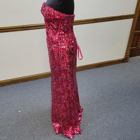 Style P46633 Precious Formals Size 2 Prom Strapless Sequined Hot Pink A-line Dress on Queenly