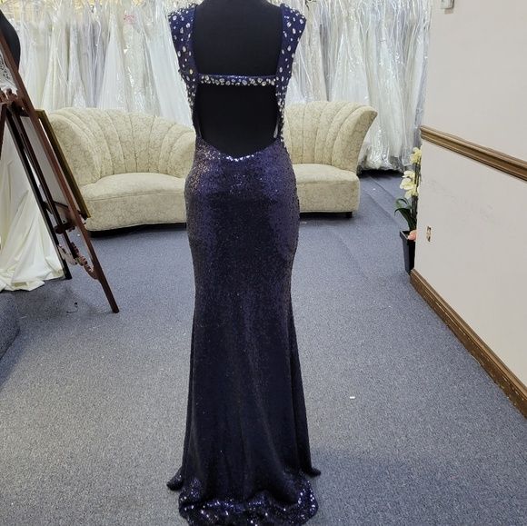 Style L38023 Precious Formals Size 4 Prom Sequined Navy Blue Floor Length Maxi on Queenly